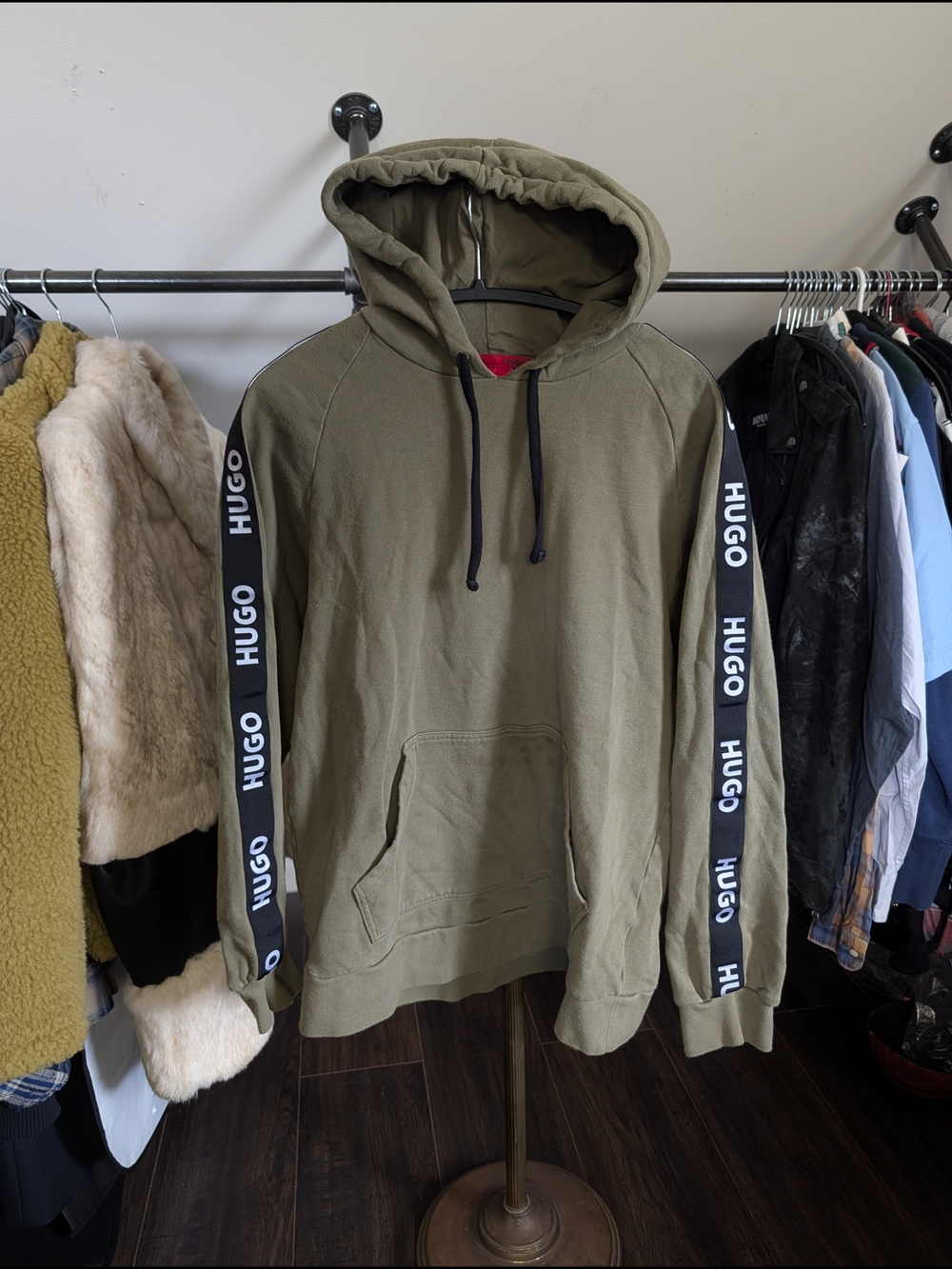 HUGO Hugo Boss Army Green Hooded Sweatshirt with Track Sleeve Logo Tape Fits S-M